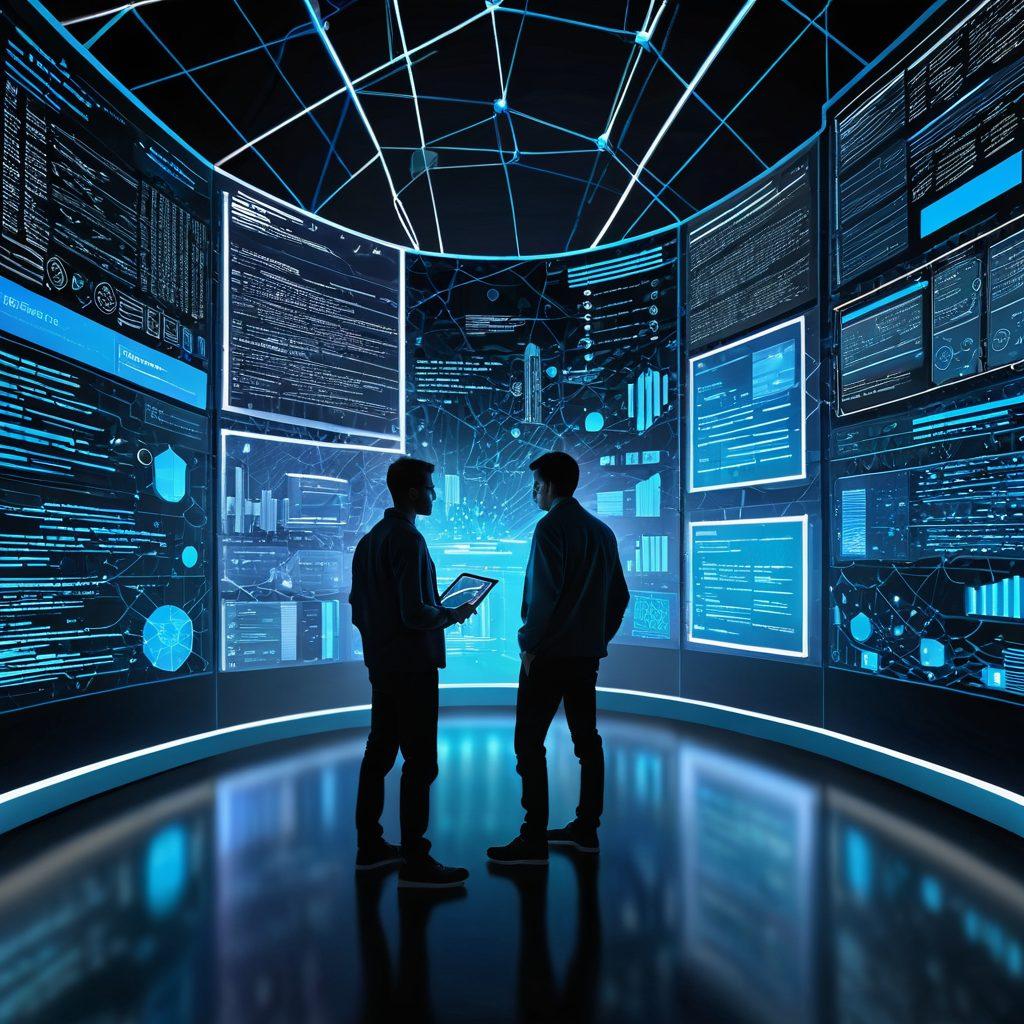 A digital explorer navigating a vast, glowing web of interconnected databases and research portals, with holographic screens displaying data, charts, and academic articles. The background should feature an abstract representation of cyberspace with a mix of deep blues, whites, and neon highlights. vector art. vibrant colors.