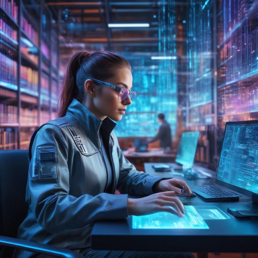 A sleek and modern researcher surrounded by digital tools and interfaces, sifting through a holographic web of data and information. The scene includes multiple devices such as laptops, tablets, and digital assistants, with a backdrop of a futuristic library. Super-detailed digital elements highlight advanced researching techniques and resources. cyberpunk. super-realistic. vibrant colors.