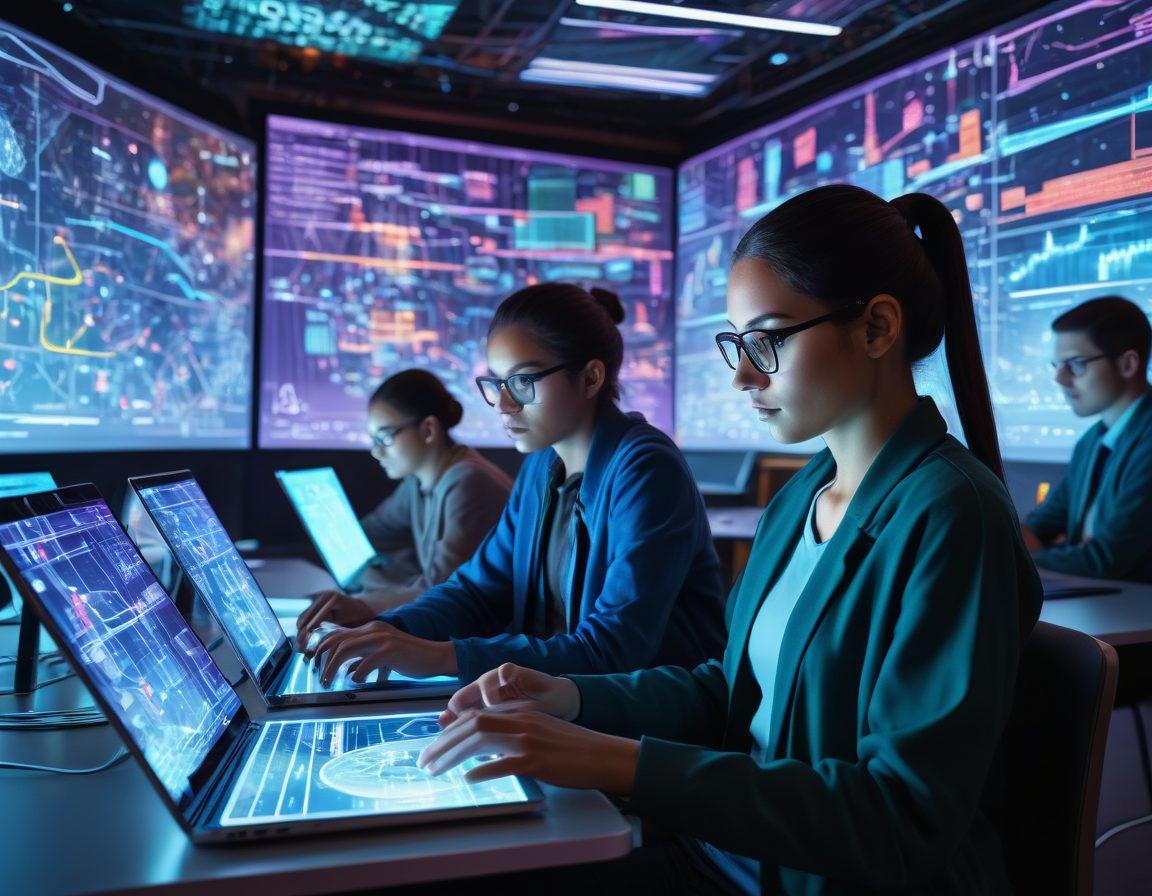 A diverse group of students engaging with laptops and tablets, surrounded by a web of interconnected digital screens displaying complex data, charts, and online resources. A futuristic classroom with holographic lecturers and floating assignments illustrating advanced online study techniques. vibrant colors. high-tech digital art.